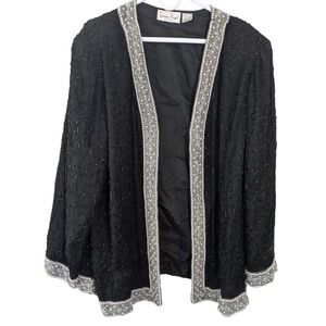 Vintage 90s Laurence Kazar Silk Hand-Beaded Pearl & Sequin Trophy Cardigan 3X